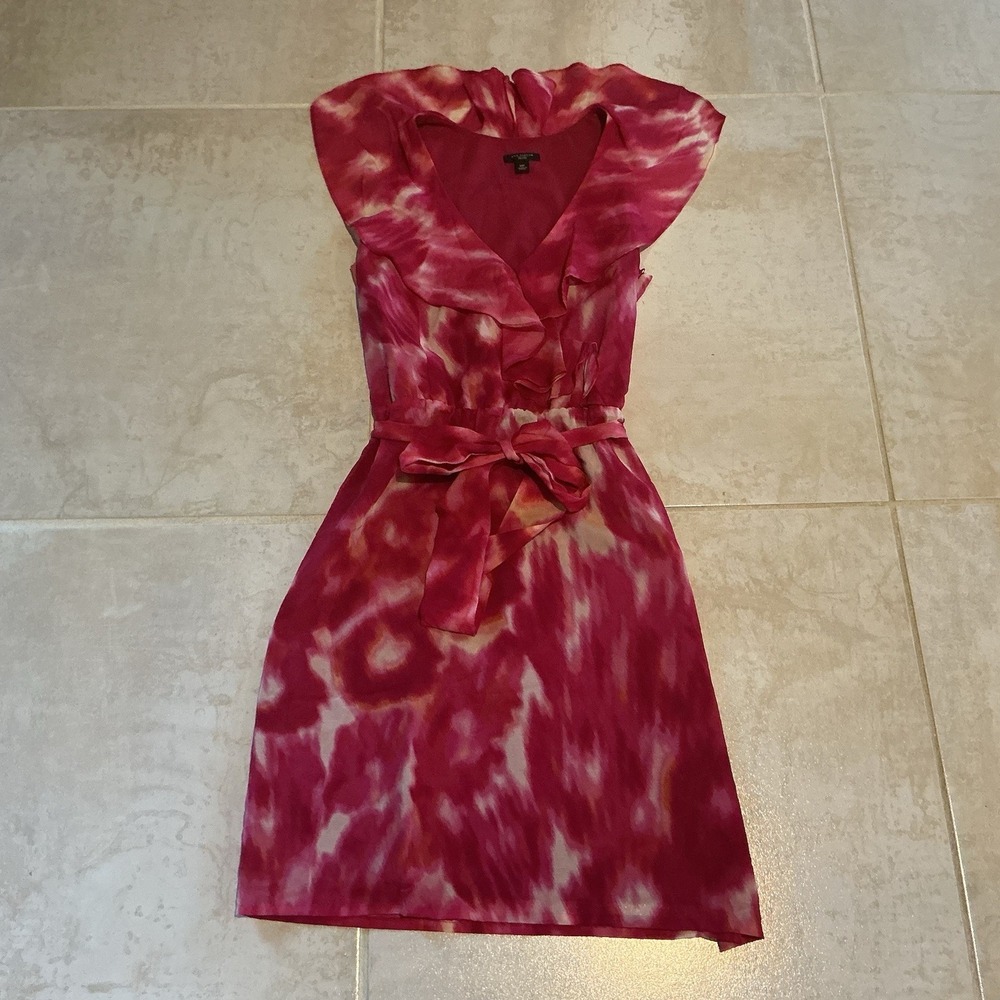 Ann Taylor Sz 0P Pink Silk V-Neck Ruffles Tie Gathered Waist Sleeveless Dress‎